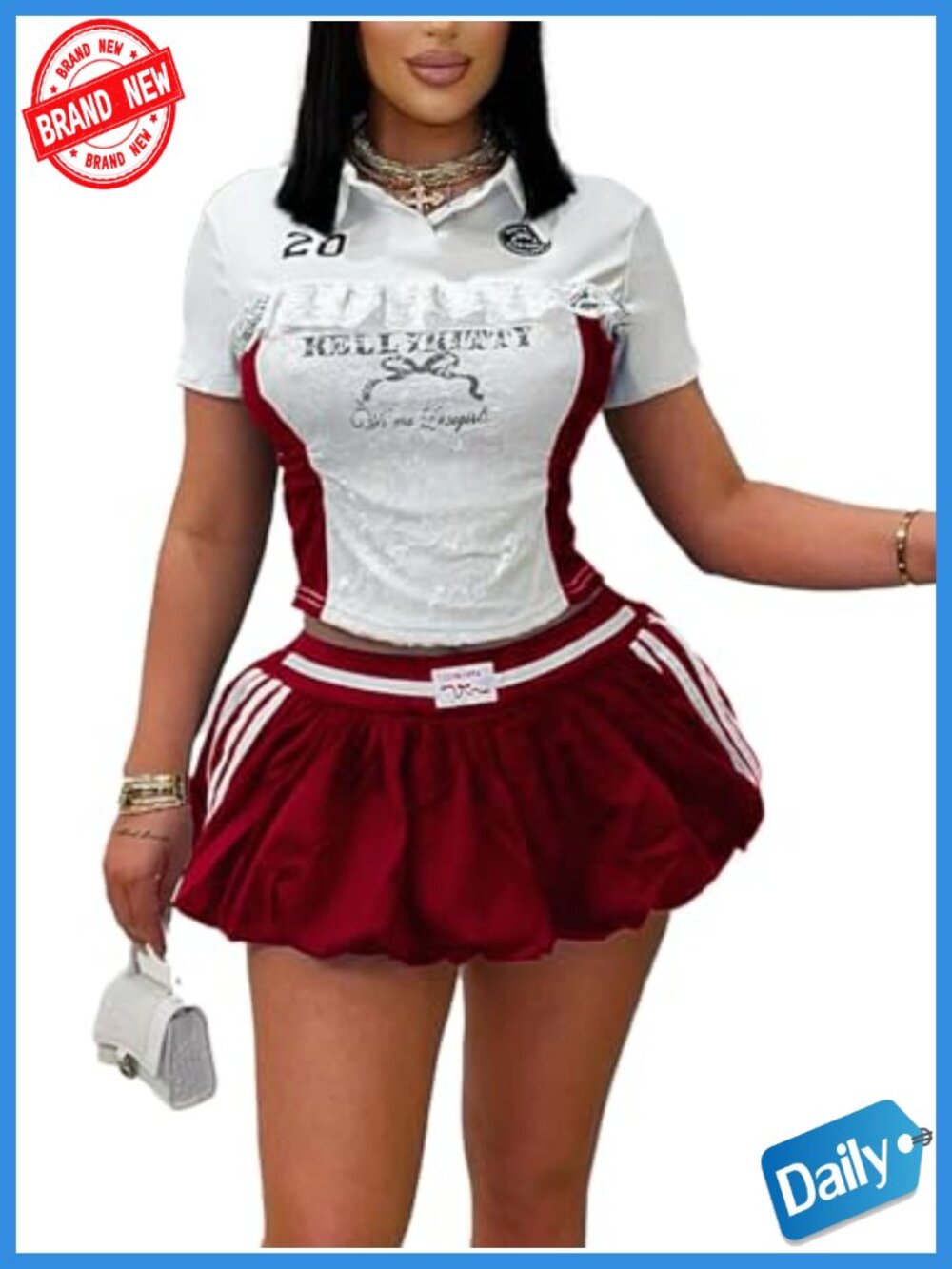 Women's 2-Piece Sport Skirt Set Lace Bubble Mini Skirt Top Bodycon Y2K Club